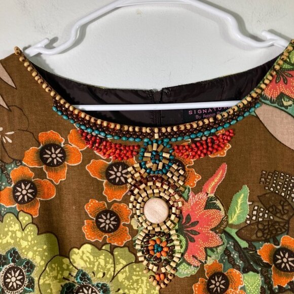 Womens Vintage Signature by Robbie Bee Dress Sleeveless Linen Blend Beaded Flora - Picture 3 of 7